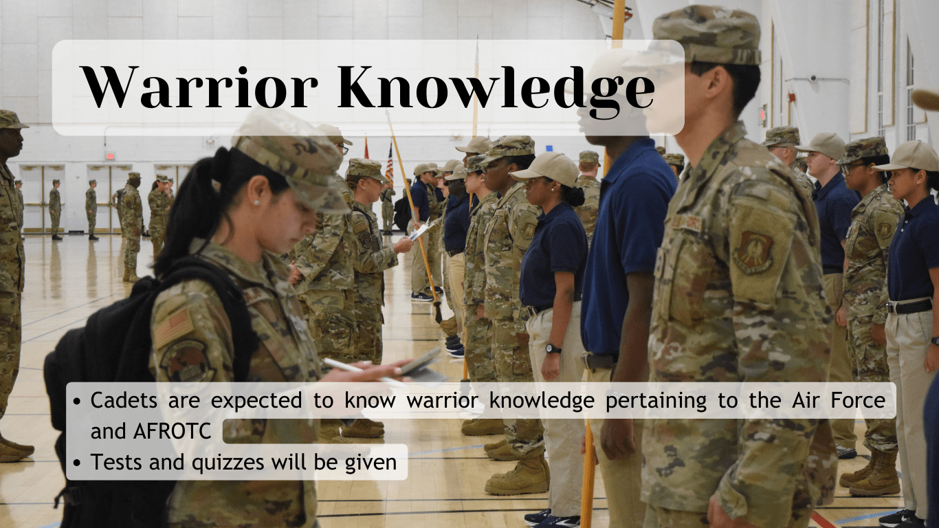 cadets in uniform in gym space with title: Warrior Knowledge