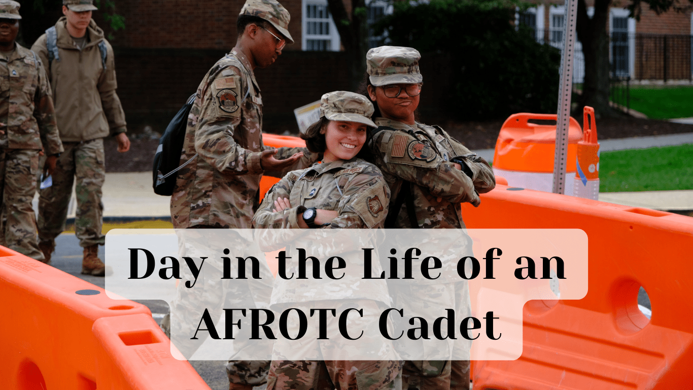two cadets standing back to back with title: Day in the Life of an AFROTC Cadet